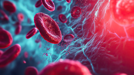 Explore a stunning microscopic view of vibrant human blood cells, showcasing their intricate structure and role in health and biology. Perfect for educational and medical themes.の素材