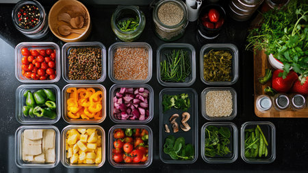 A vibrant display of fresh vegetables and fruits in clear containers, showcasing healthy ingredients laid out for meal preparation and cooking in a modern kitchen.の素材