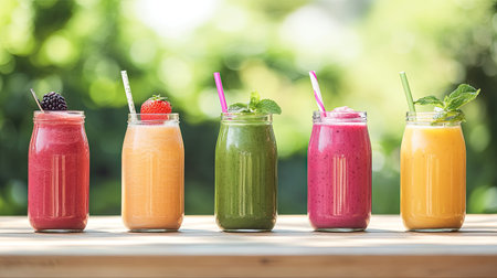 Five vibrant smoothies in glass jars showcase delightful colors and fresh ingredients. Perfect for a refreshing summer treat or health-conscious lifestyle choice.の素材