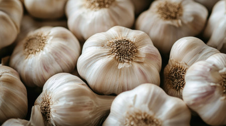 A close-up view of fresh garlic bulbs showcasing their textures and natural beauty. Ideal for culinary projects and health-related content.の素材