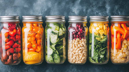 Array of fresh vegetables and fruits neatly stored in glass jars. Perfect for promoting healthy eating, home cooking, and vibrant meal preparation.の素材