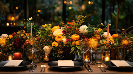 A stunning table setting adorned with vibrant floral arrangements and soft candlelight, creating a warm and inviting atmosphere for any special gathering or celebration.の素材