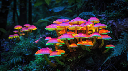 A stunning display of luminous mushrooms glowing brightly in a dark forest, showcasing vivid colors and intricate details of nature's beauty.の素材