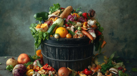 A vibrant collection of fresh fruits and vegetables spills from a rustic basket, showcasing the beauty of organic produce and the importance of sustainability.の素材