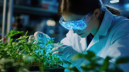 A focused scientist examines young plants in a lab setting using advanced technology. The study emphasizes the importance of innovation in plant research and sustainability.の素材