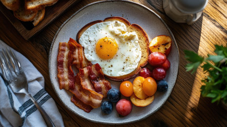 A beautifully arranged breakfast plate featuring a sunny-side-up egg on toast, crispy bacon, and an array of fresh fruits, perfect for a vibrant morning meal.の素材