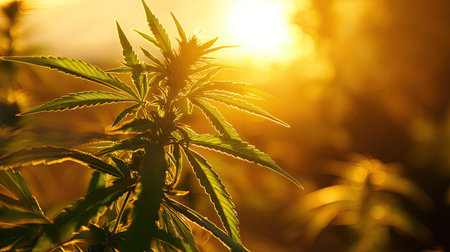 A stunning closeup of a cannabis plant basking in the golden light of sunset. This image captures the beauty and tranquility of nature's evening glow, showcasing vibrant green leaves in a serene outdoor setting.の素材