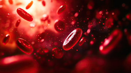 This striking image captures a close-up view of red blood cells flowing dynamically through space, highlighted by soft, warm lighting.の素材