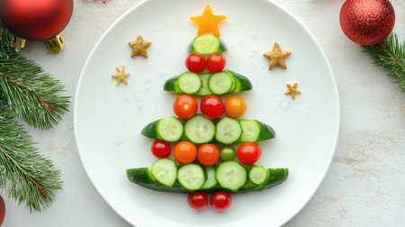 This whimsical arrangement features a festive Christmas tree made from fresh cucumbers and colorful cherry tomatoes, perfect for holiday celebrations.の素材