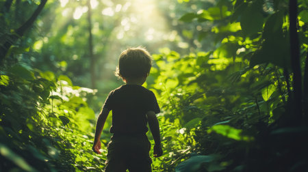A young child walks through a vibrant green forest, bathed in soft morning light. The scene captures the joy of exploration and the beauty of nature.の素材