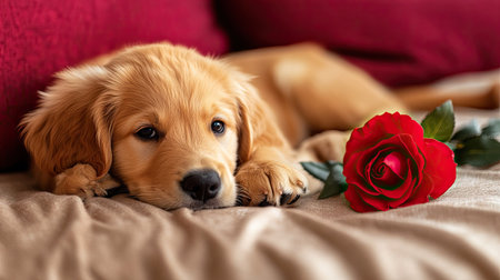 A golden retriever puppy rests adorably on a couch beside a red rose, capturing the essence of comfort and love in a cozy home setting.の素材