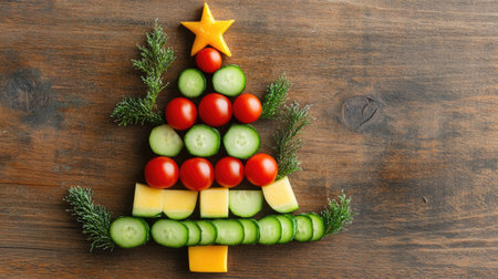 A vibrant and whimsical Christmas tree crafted from fresh vegetables, featuring cucumbers, tomatoes, cheese, and a star, perfect for festive decoration and healthy eating.の素材