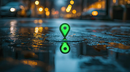 A vivid green location marker stands on a wet urban surface, reflecting city lights. The image captures a dynamic atmosphere ideal for travel and navigation themes.の素材