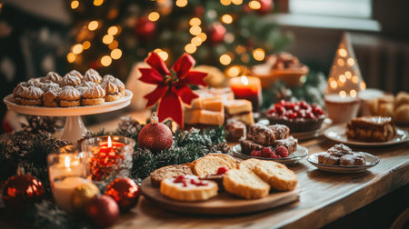 A beautifully arranged holiday dessert table featuring an array of cookies, sweets, and festive decorations, perfect for celebrating the holiday season with loved ones.の素材