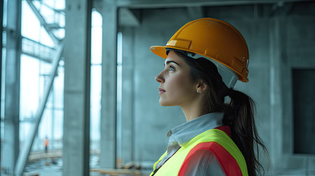 A confident female construction worker wearing a hard hat and safety gear stands at a building site. Her focused expression highlights professionalism in the construction industry.の素材