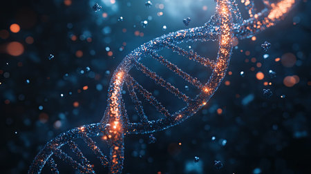 This captivating image showcases a detailed DNA helix illuminated by glowing particles, set against a dark, cosmic backdrop, representing the essence of life and genetic research.の素材