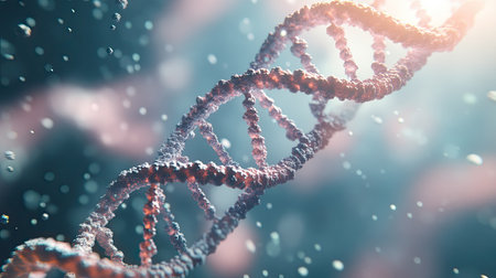 A visually captivating representation of a DNA helix, set against a vibrant molecular background. This image highlights the intricate beauty of genetic structures and their role in biology.の素材
