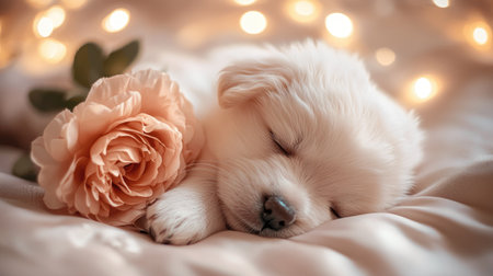 A cute sleeping puppy lies peacefully with a soft flower beside it, surrounded by gentle lights, creating a tranquil and cozy atmosphere perfect for animal lovers.の素材