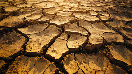 This image showcases a dry, cracked earth surface illuminated by warm light. It symbolizes climate change and drought, drawing attention to environmental concerns.の素材