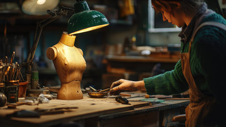 A skilled artisan carefully shapes a wooden sculpture in a warmly lit workshop. The atmosphere reflects creativity and dedication, showcasing tools and artistic skills.の素材