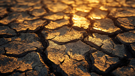 This image features dry cracked soil illuminated by warm sunset light, showcasing the intricate textures and patterns found in nature. Perfect for themes of resilience and environmental change.の素材