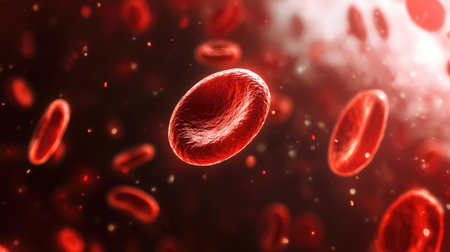 A striking close-up image showcasing red blood cells in fluid motion, illustrating their vital role in oxygen transport within the human body.の素材