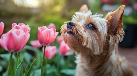 A cute Yorkshire Terrier dog explores a garden filled with vibrant pink tulips. This charming scene captures the dog's curiosity and the beauty of springtime nature.の素材