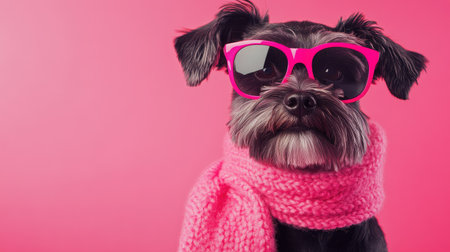 A fashionable dog sporting sunglasses and a cozy pink scarf against a bright pink backdrop, radiating charm and playfulness in a warm and vibrant setting.の素材