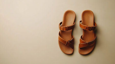A pair of stylish brown sandals displayed on a neutral background, perfect for summer fashion. Ideal for casual outings or beach trips, these sandals offer comfort and versatility.の素材
