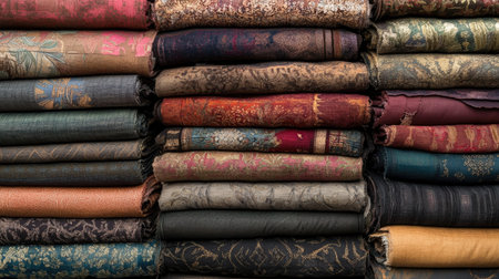 A vibrant collection of vintage fabric rolls showcasing rich textures and patterns. Ideal for crafting, sewing, or textile design inspiration.の素材