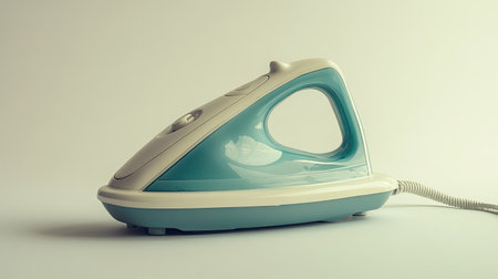 This vintage-style electric iron features a sleek teal design, perfect for any home. Ideal for ironing clothes and ensuring wrinkle-free fabrics.の素材