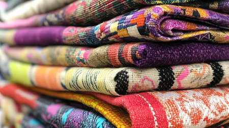 A colorful stack of textiles featuring various patterns and textures. Perfect for decorating, crafting, or fashion projects, these fabrics showcase vibrant designs and rich materials.の素材