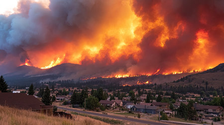 A fierce wildfire engulfs the forest and threatens nearby homes, creating a dramatic scene of flames and smoke against a summer sky.の素材