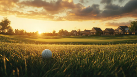 A close-up view of a golf ball on lush green grass during sunset, with picturesque houses in the background. This serene landscape captures the essence of outdoor leisure and sport.の素材