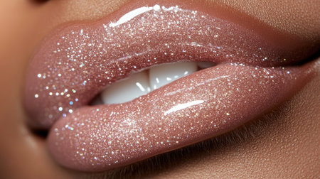 A stunning close-up of glossy lips adorned with sparkling glitter enhances beauty and elegance, showcasing soft pink hues and a flawless shine. Perfect for beauty-themed projects.の素材