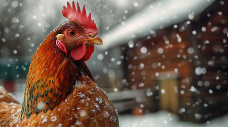 This detailed close-up captures a colorful hen in a snowy farmyard setting. The vibrant feathers contrast beautifully with the falling snow, showcasing winter on a farm.の素材
