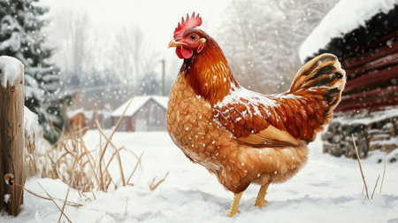 A beautiful chicken stands in a snowy landscape, surrounded by a serene winter environment. The fluffy feathers contrast with the white snow, creating a peaceful scene.の素材