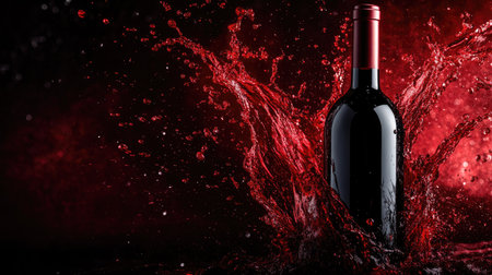 A stunning red wine bottle creates a dramatic splash of vibrant red liquid against a dark background, perfect for capturing the essence of celebration and indulgence.の素材