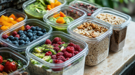 A collection of fresh healthy meals displayed in clear containers, featuring an array of colorful fruits, granola, and nutritious ingredients for balanced eating.の素材