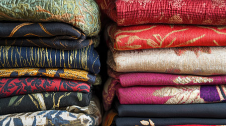 A stunning display of neatly stacked and folded colorful textiles showcases a variety of patterns and textures in a fabric shop setting.の素材