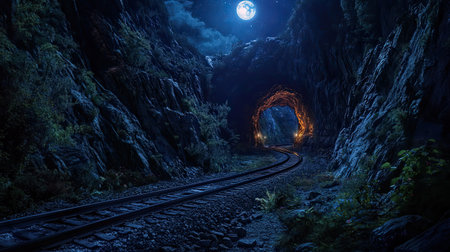 A captivating night scene featuring train tracks leading into a moonlit cave, surrounded by rugged rocks and lush vegetation, creating an atmosphere of mystery.の素材