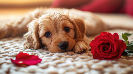 A cute golden puppy relaxes next to a beautiful red rose, creating an adorable and heartwarming scene. This image captures the essence of companionship and beauty.の素材