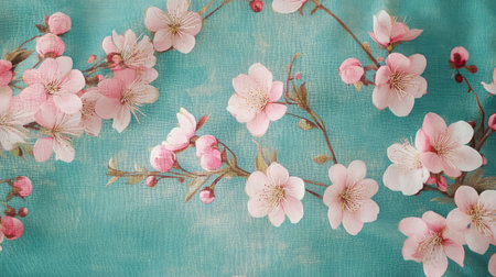 This elegant design features delicate pink cherry blossoms set against a vibrant turquoise background, ideal for enhancing the beauty of any artistic project.の素材