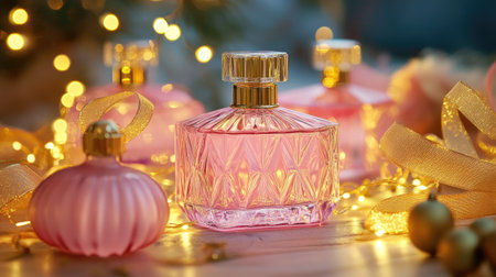 Captivating composition featuring elegant pink perfume bottles adorned with soft fairy lights. Perfect for beauty, lifestyle, and festive themes.の素材