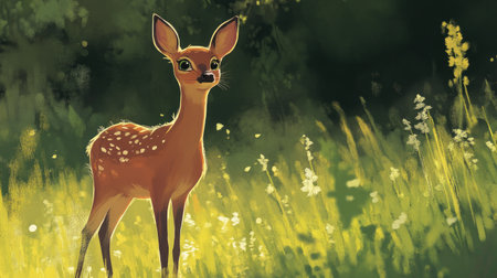 A delightful illustration presents a young fawn standing gracefully in a sunlit meadow. This charming artwork captures the essence of nature's beauty and innocence.の素材