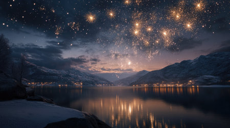 A stunning view of a night sky filled with sparkling stars above a calm lake framed by majestic mountains, creating a tranquil and enchanting atmosphere.の素材