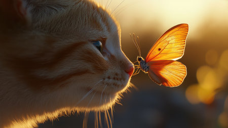 A captivating scene of a cat gazing at a colorful butterfly during sunset, embodying a moment of tranquility and wonder in nature's beauty.の素材
