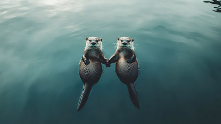 Two adorable otters hold hands underwater, showcasing their playful nature and unique bond. This charming scene highlights friendship in wildlife.の素材