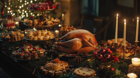 A beautifully arranged holiday feast featuring a roast turkey, delicious desserts, and festive decorations. Perfect for showcasing seasonal celebrations and gatherings.の素材