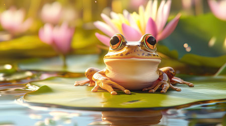 A charming frog rests atop a lily pad, surrounded by beautiful pink water lilies, creating a serene natural scene that captures the essence of tranquil wildlife.の素材
